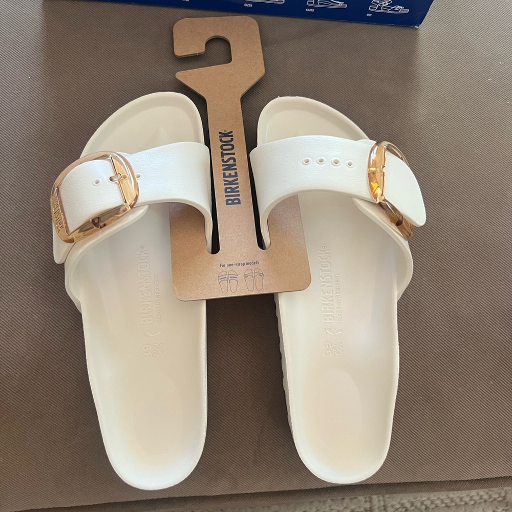 Birkenstock White Madrid EVA Sandals with Gold Buckles